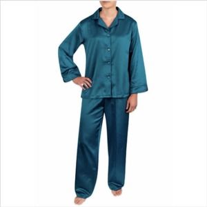 ⭐Miss Elaine Teal Brush Back Satin PJ Set
